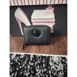 Black Pebbled Zip-Around Card Wallet with Logo Medallion